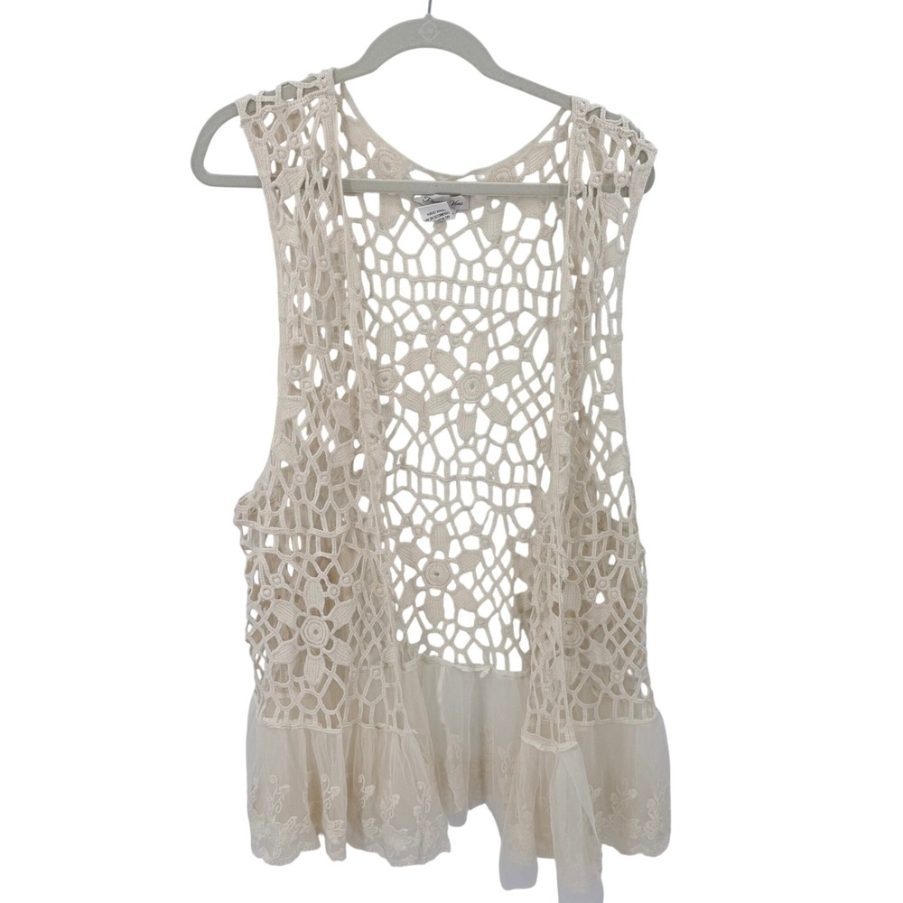 Paisley Vine Beige Crochet Lace Vest Floral Mesh Ruffle Hem One Size Boho